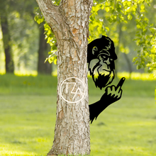 Load image into Gallery viewer, Peek-A-Boo Bigfoot Flipping the Bird Metal Sign - Sasquatch Tree or Post Mountable Decor