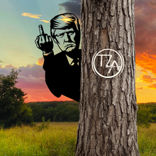 Load image into Gallery viewer, Peek-A-Boo President Trump Flipping The Bird Metal Sign - Tree or Post Mountable Decor (Copy)
