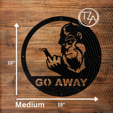 Load image into Gallery viewer, Bigfoot Flipping the Bird &quot;Go Away&quot; Metal Sign - Sasquatch Mountable Decor
