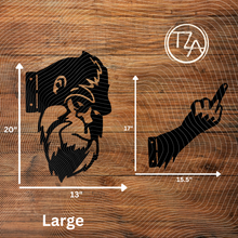 Load image into Gallery viewer, Peek-A-Boo Bigfoot Flipping the Bird Metal Sign - Sasquatch Tree or Post Mountable Decor
