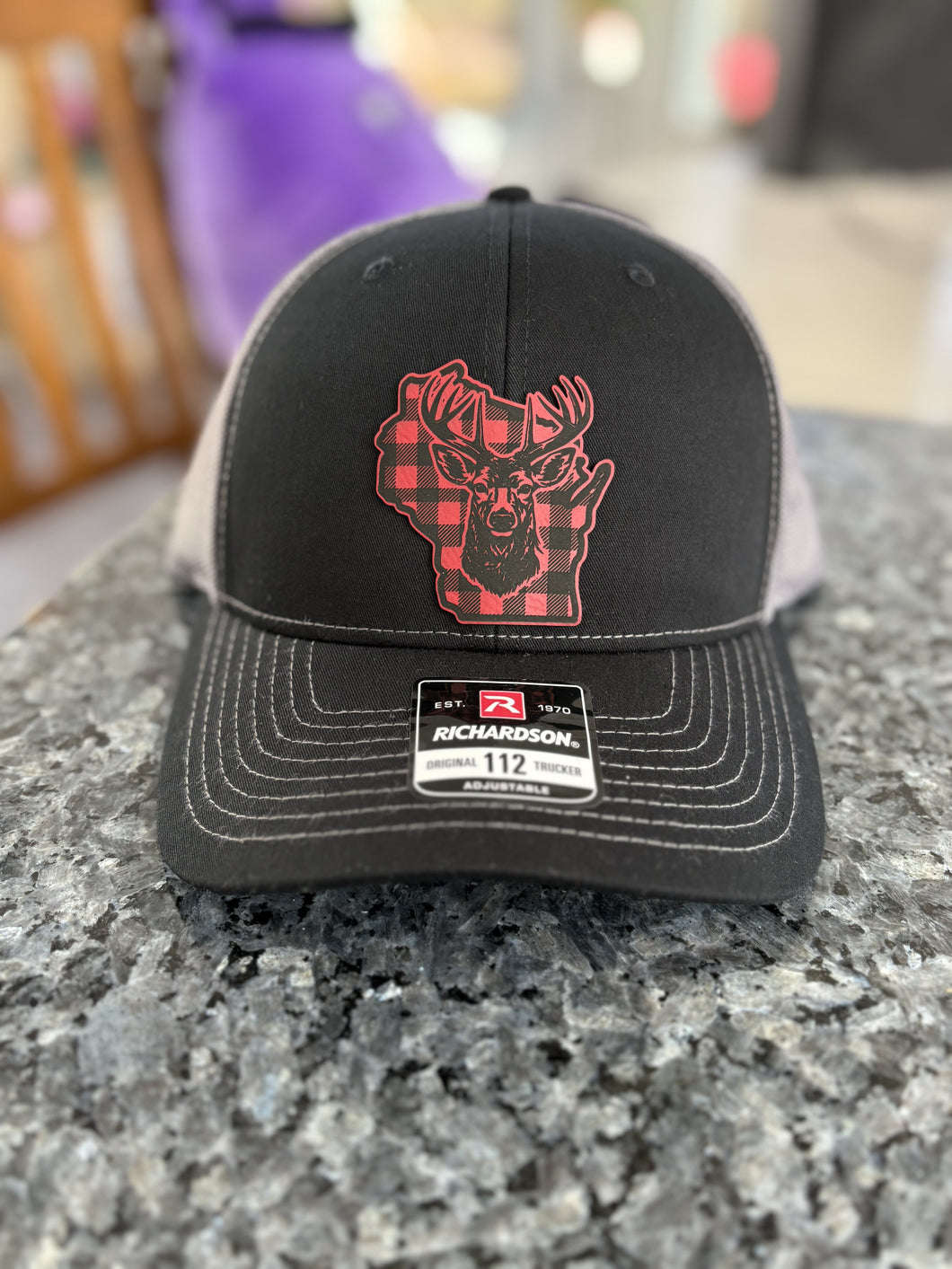 Red Plaid Deer Wisconsin Hat (center placement)