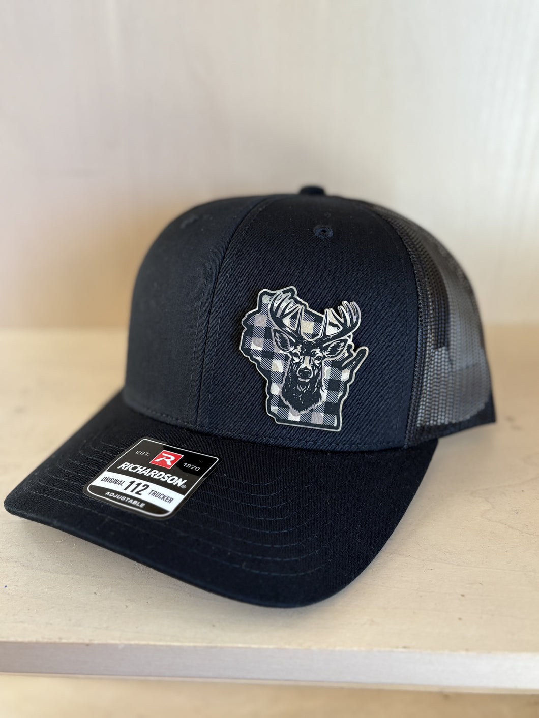 Black Plaid Deer Wisconsin Hat (left side placement)