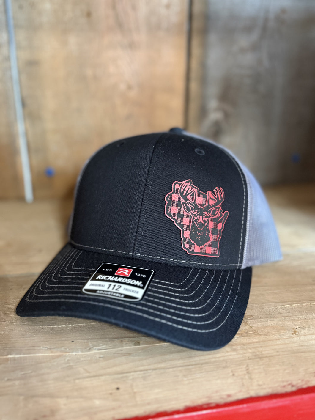 Red Plaid Deer Wisconsin Hat (left side placement)