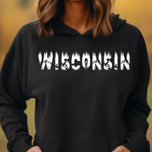 Load image into Gallery viewer, White Letters &quot;Wisconsin&quot; Hooded Sweatshirt
