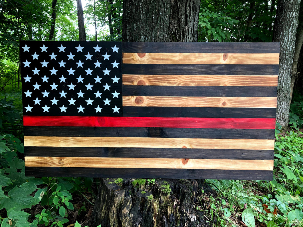 Red Line Firefighter Wooden Flag