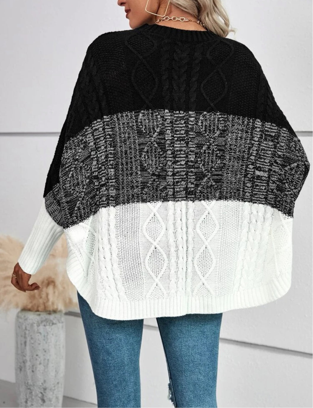 Color Block Drop Shoulder Cable Knit Sweater