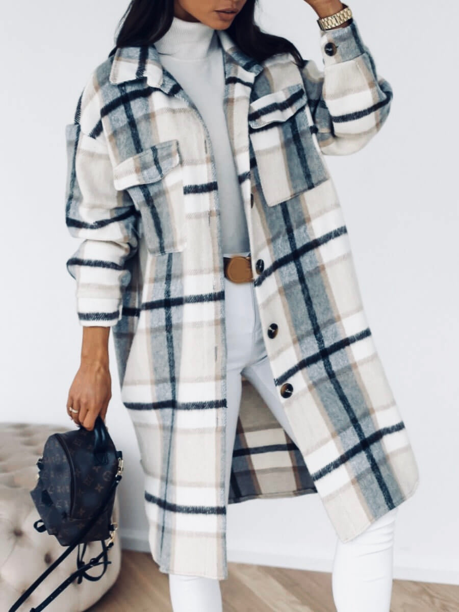 Plaid Print Pocket Design Woollen Coat